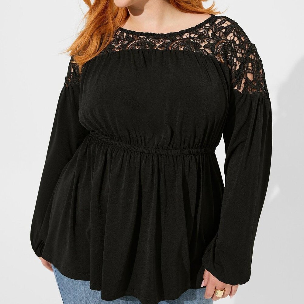 Torrid Black Studio Crepe Crew Neck Lace Yoke Babydoll Top Size 1